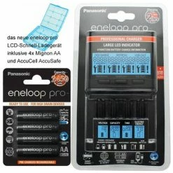 Panasonic Eneloop Ladegerät BQ-CC65 Inkl. LCD-Display, 4 Eneloop Pro AA Mignon, AccuCell Box Blue