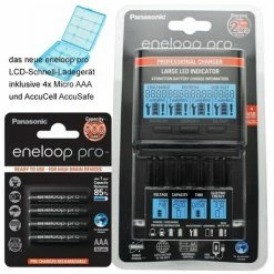 Panasonic Eneloop Ladegerät BQ-CC65 Inkl. LCD-Display, 4 Eneloop Pro AAA Micro, AccuCell Box Blue